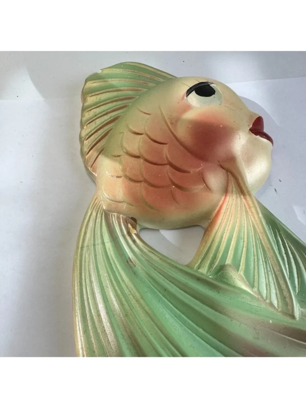 Vintage MCM Pink & Green Plaster Wall Decor Tropical Fish & Bubbles